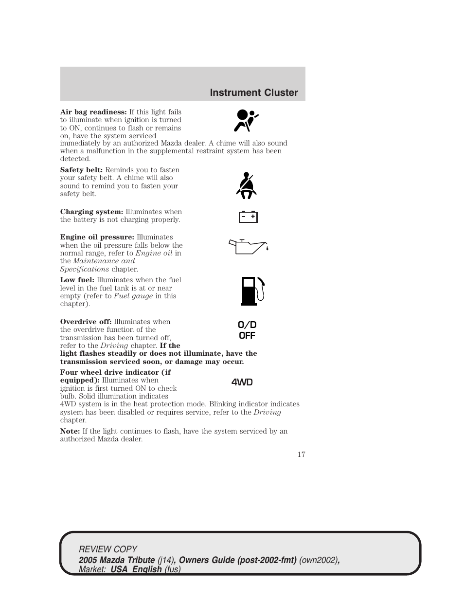 Instrument cluster | Mazda 2005 Tribute User Manual | Page 17 / 272