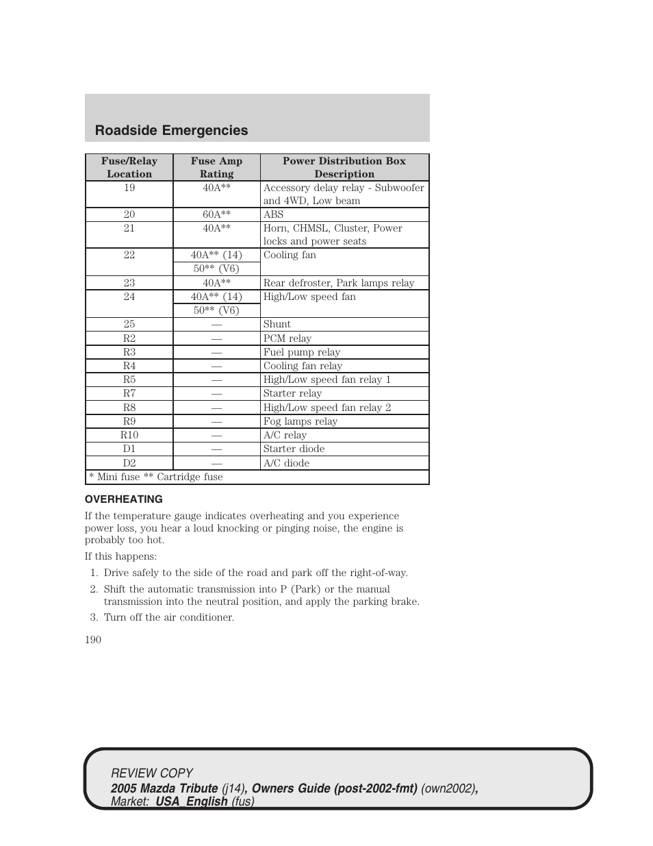 Roadside emergencies | Mazda 2005 Tribute User Manual | Page 190 / 272