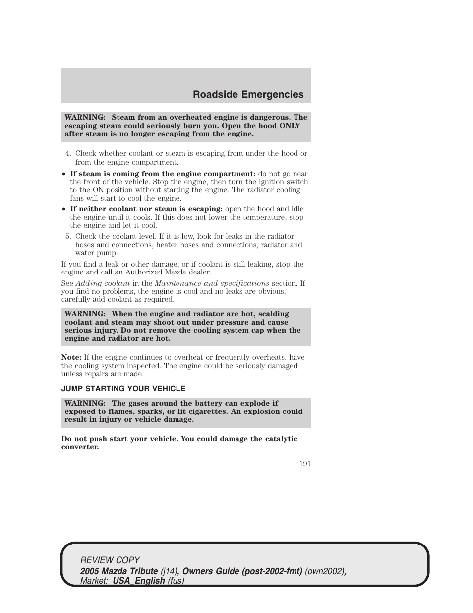 Roadside emergencies | Mazda 2005 Tribute User Manual | Page 191 / 272