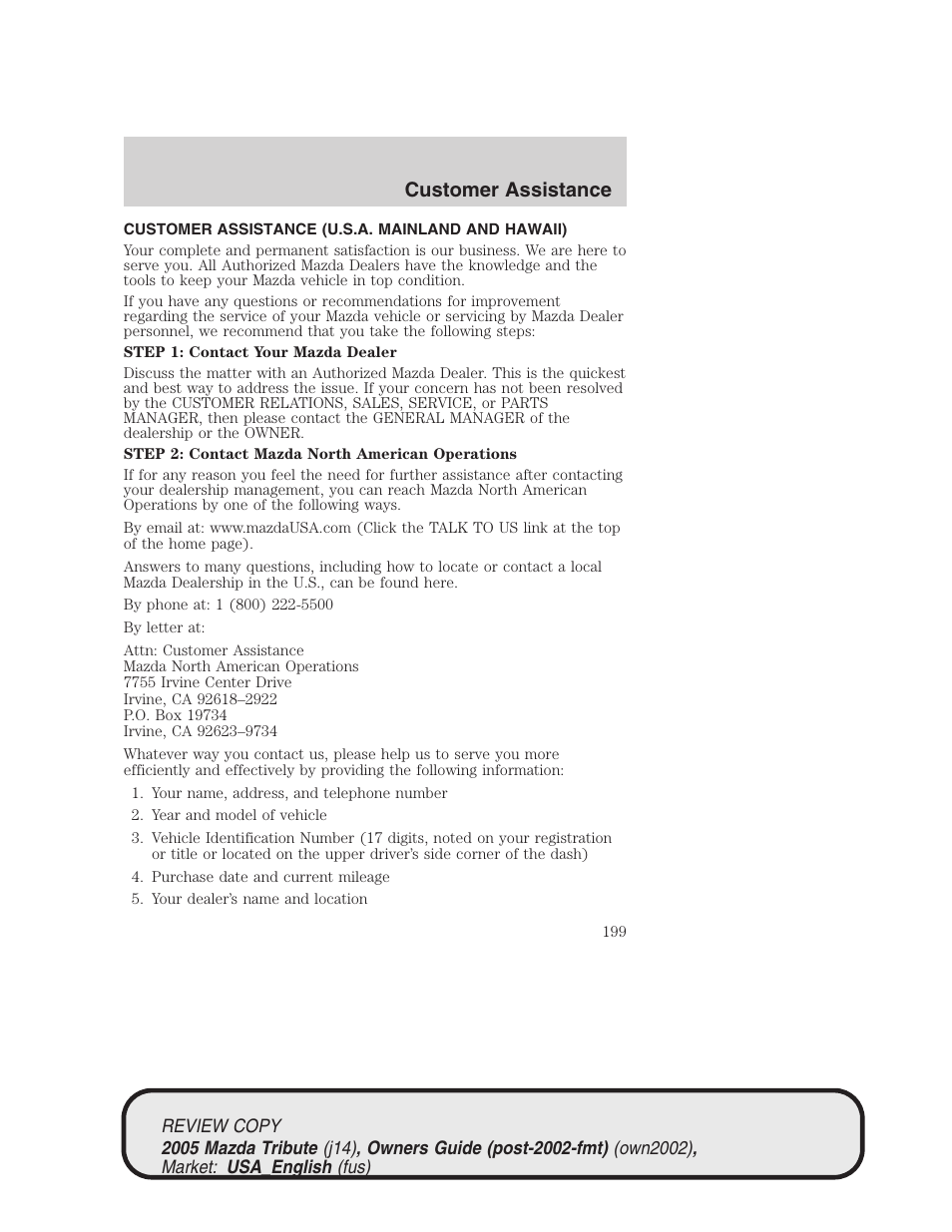 Customer assistance | Mazda 2005 Tribute User Manual | Page 199 / 272