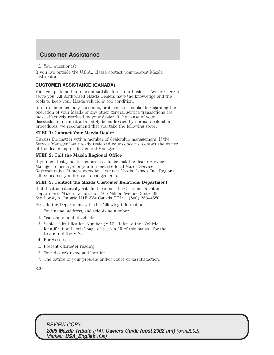 Customer assistance | Mazda 2005 Tribute User Manual | Page 200 / 272