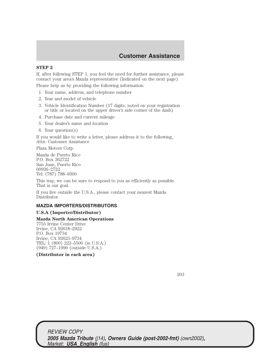 Customer assistance | Mazda 2005 Tribute User Manual | Page 203 / 272