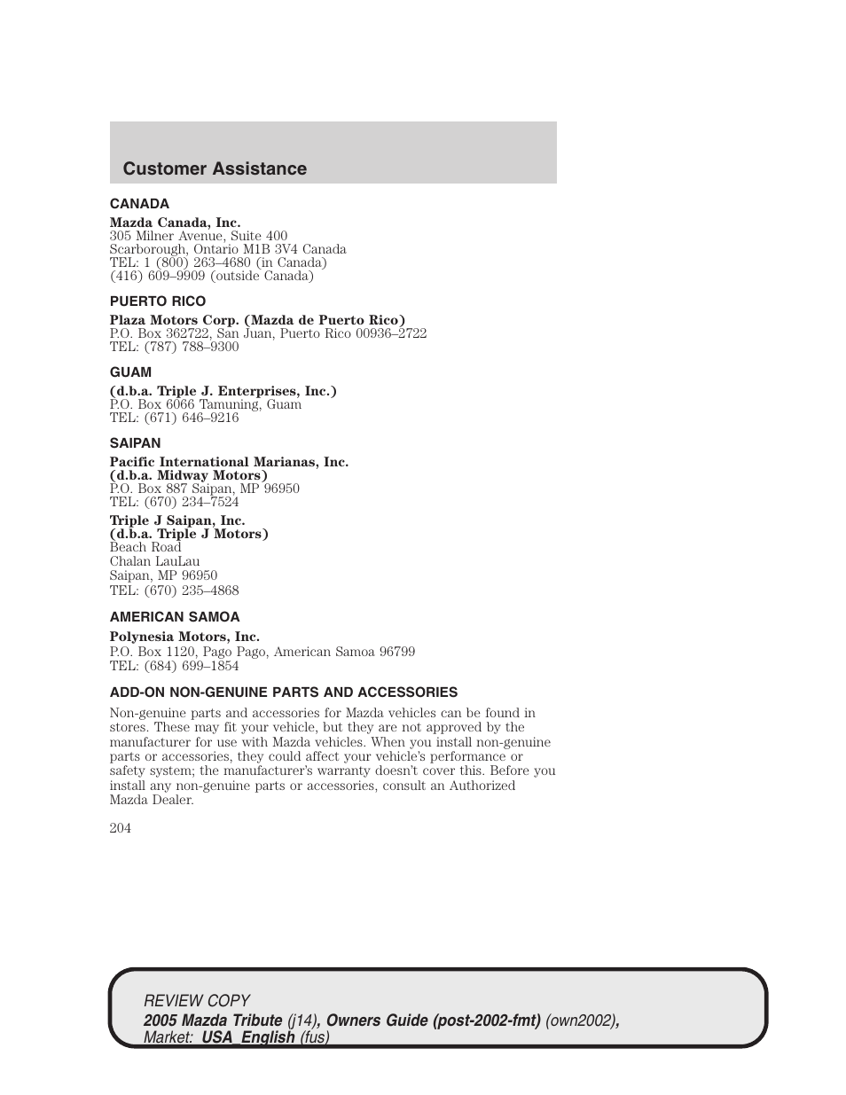 Customer assistance | Mazda 2005 Tribute User Manual | Page 204 / 272