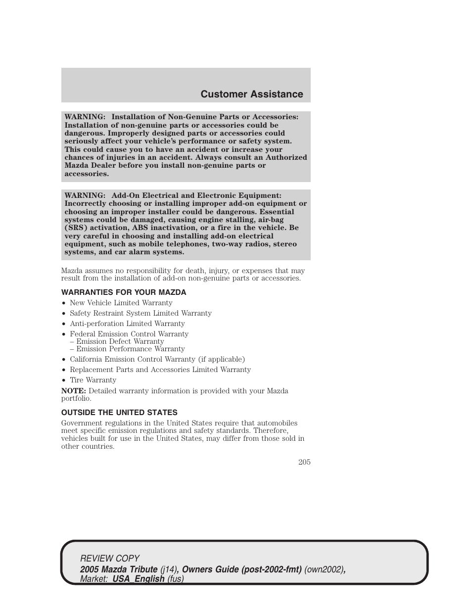 Customer assistance | Mazda 2005 Tribute User Manual | Page 205 / 272