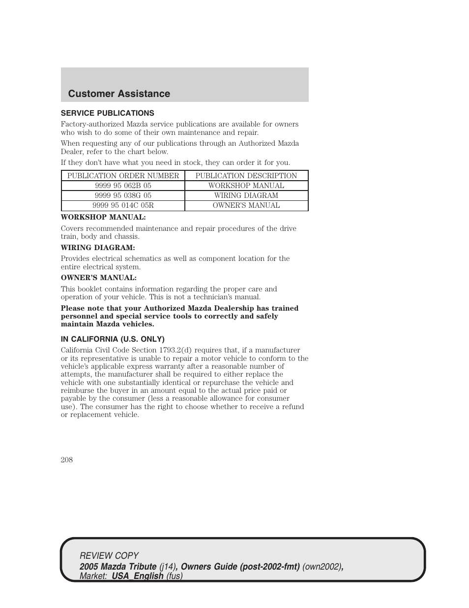 Customer assistance | Mazda 2005 Tribute User Manual | Page 208 / 272