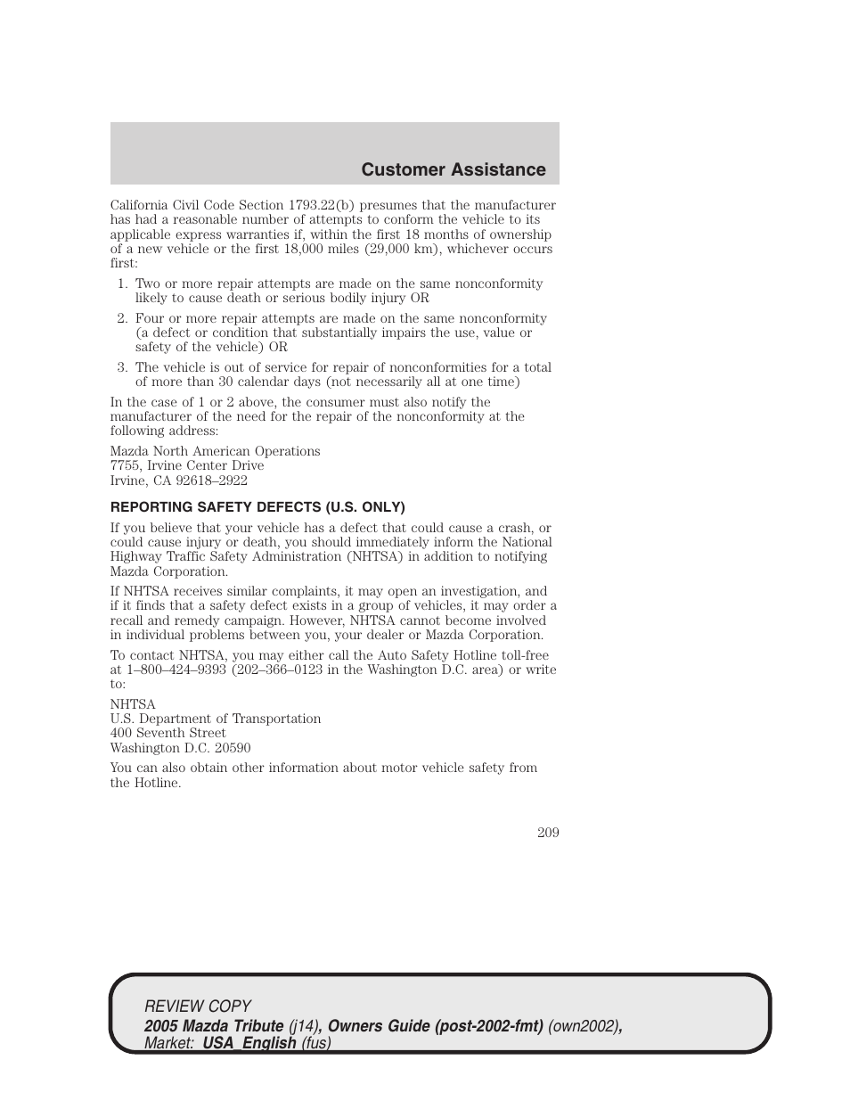Customer assistance | Mazda 2005 Tribute User Manual | Page 209 / 272