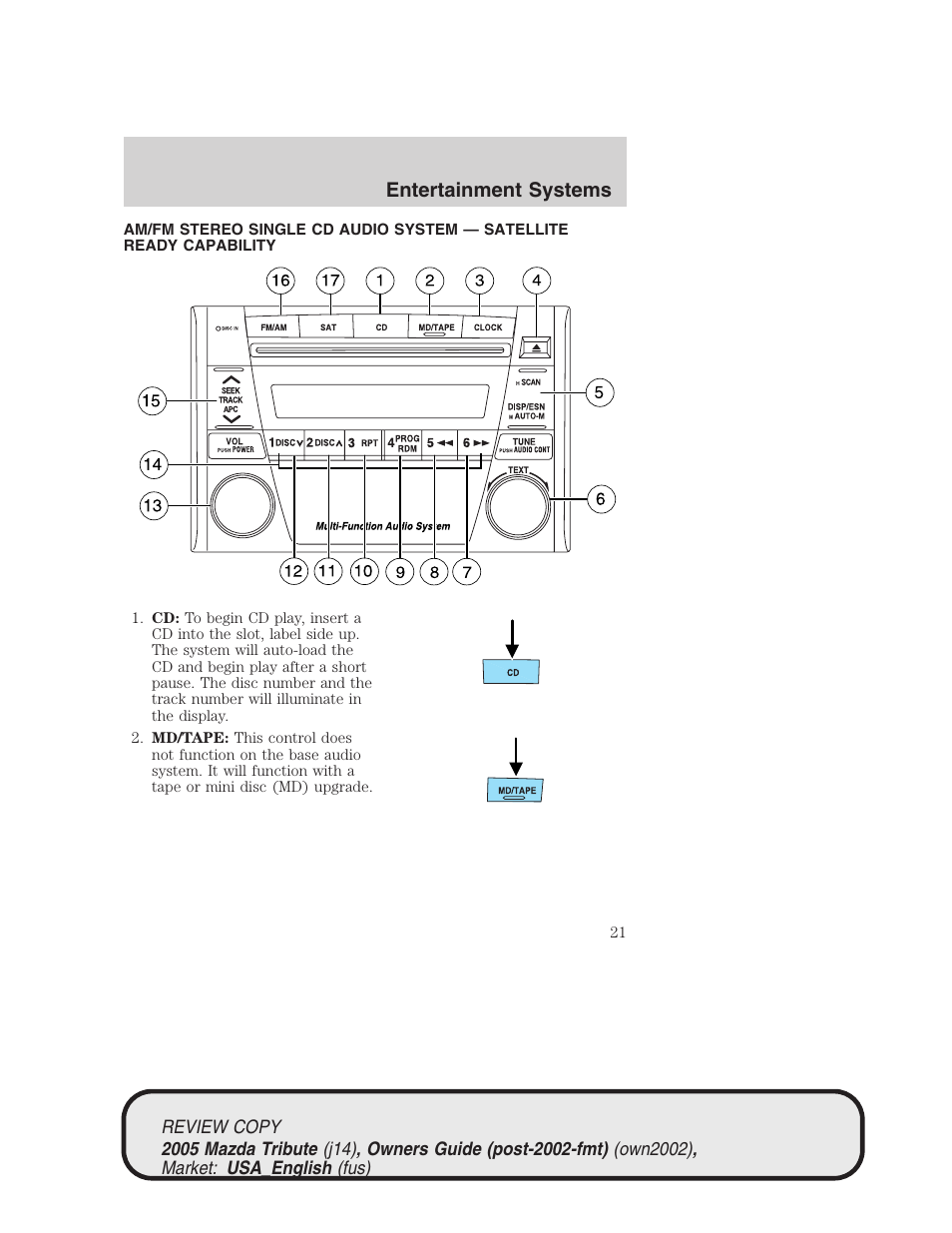 Entertainment systems | Mazda 2005 Tribute User Manual | Page 21 / 272