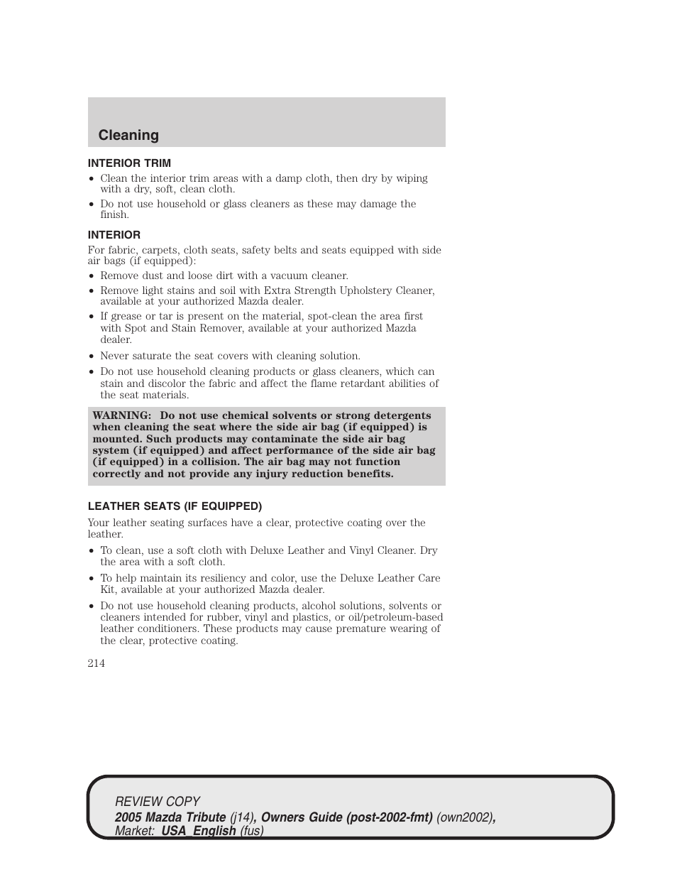 Cleaning | Mazda 2005 Tribute User Manual | Page 214 / 272