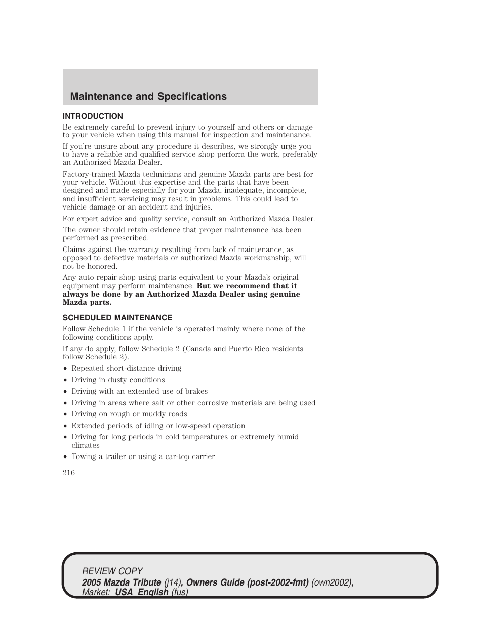 Maintenance and specifications | Mazda 2005 Tribute User Manual | Page 216 / 272