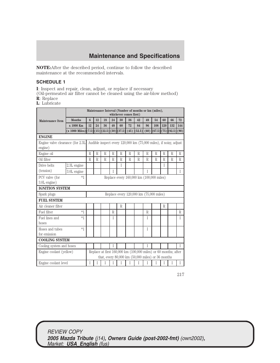 Maintenance and specifications | Mazda 2005 Tribute User Manual | Page 217 / 272