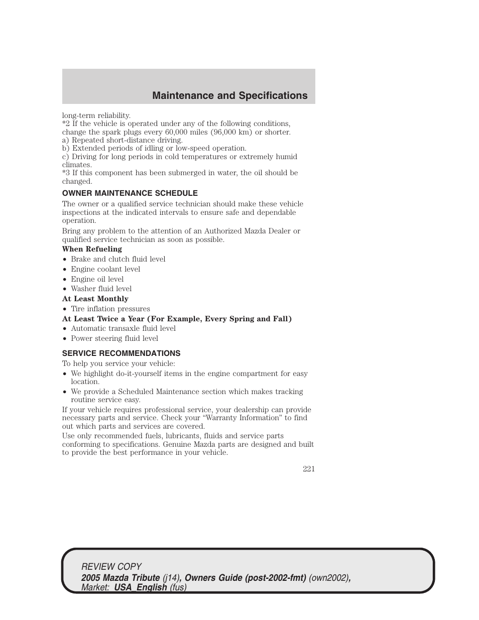 Maintenance and specifications | Mazda 2005 Tribute User Manual | Page 221 / 272