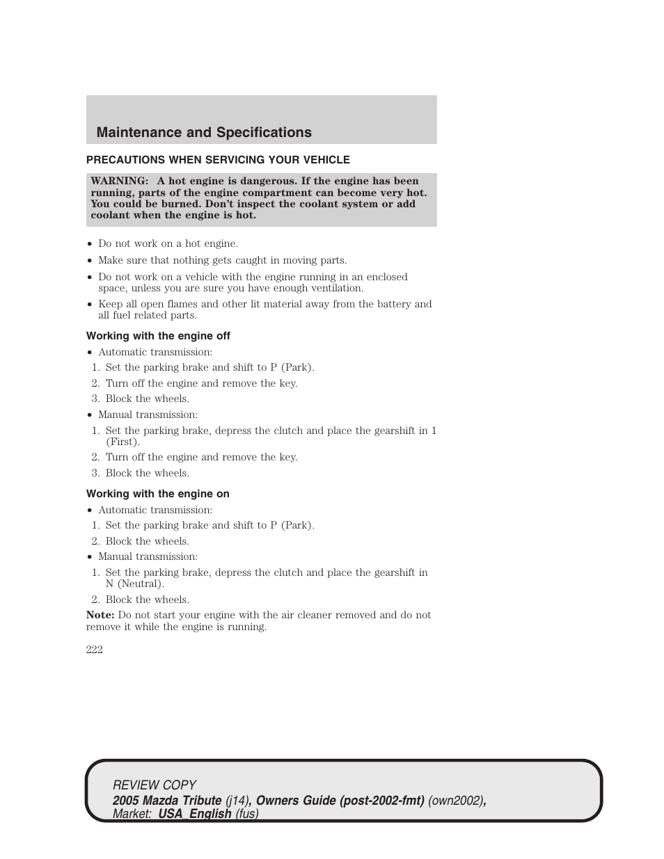 Maintenance and specifications | Mazda 2005 Tribute User Manual | Page 222 / 272