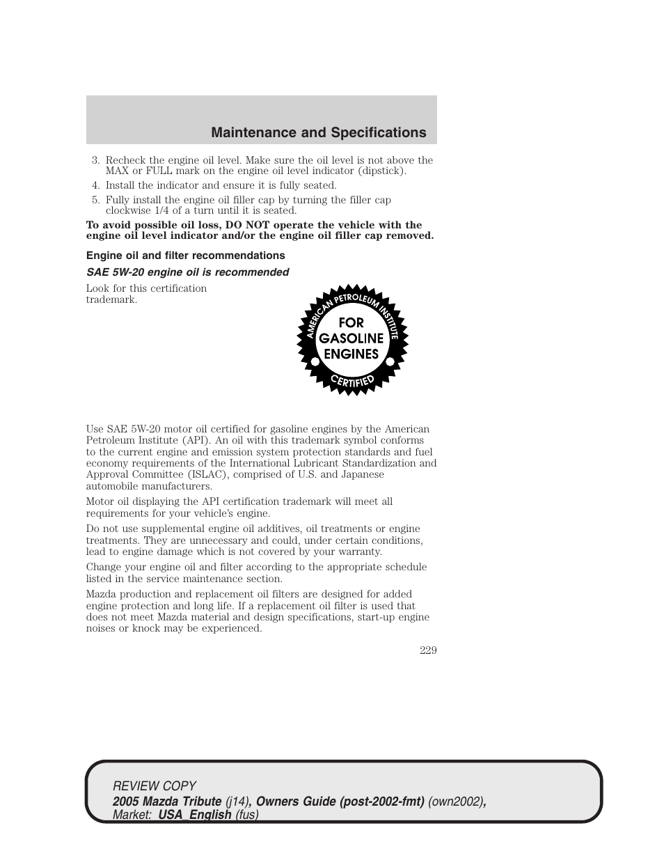 Maintenance and specifications | Mazda 2005 Tribute User Manual | Page 229 / 272