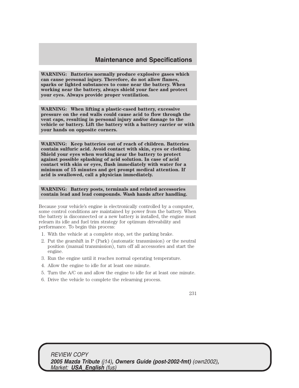 Maintenance and specifications | Mazda 2005 Tribute User Manual | Page 231 / 272