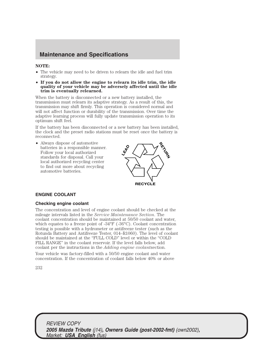 Maintenance and specifications | Mazda 2005 Tribute User Manual | Page 232 / 272