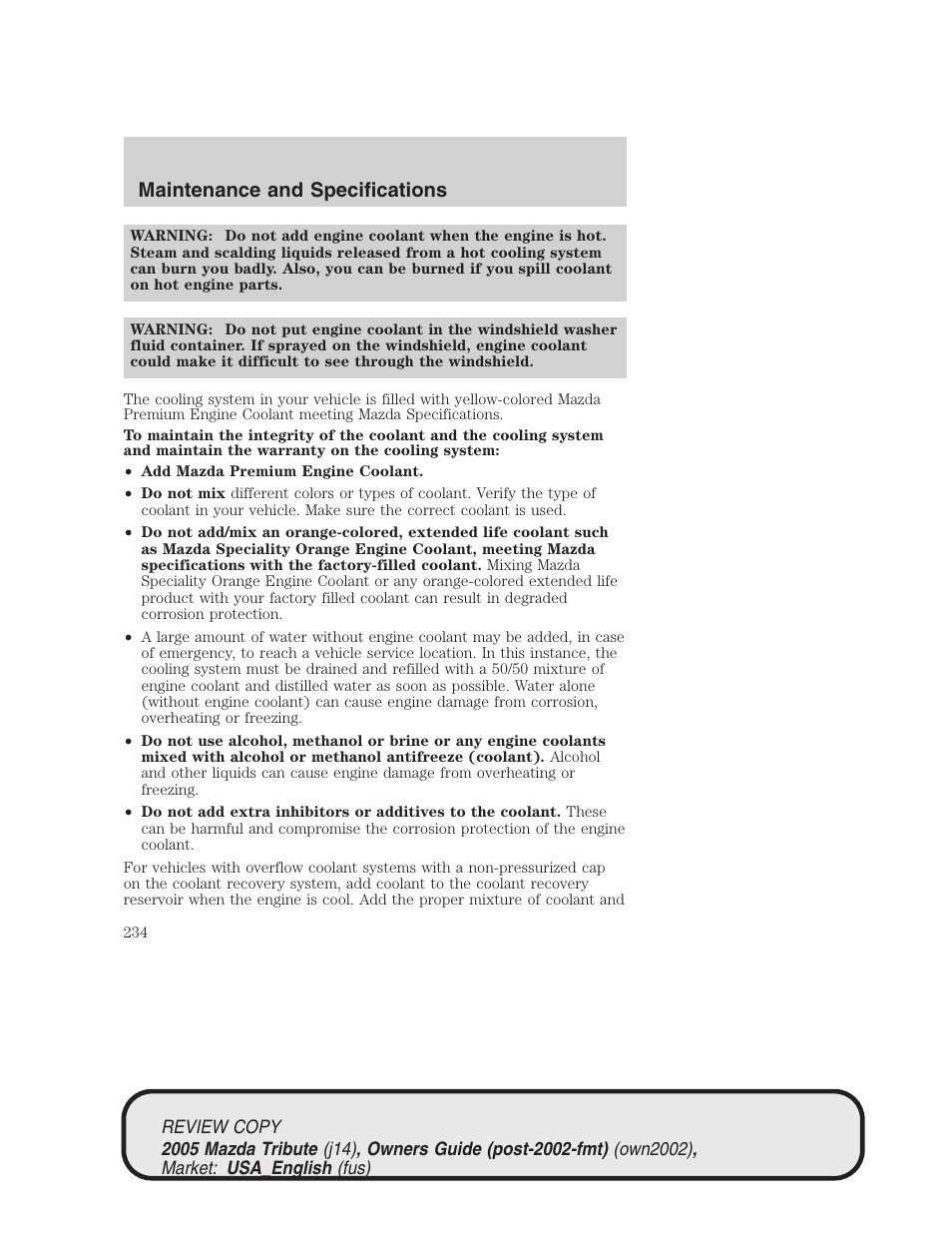 Maintenance and specifications | Mazda 2005 Tribute User Manual | Page 234 / 272
