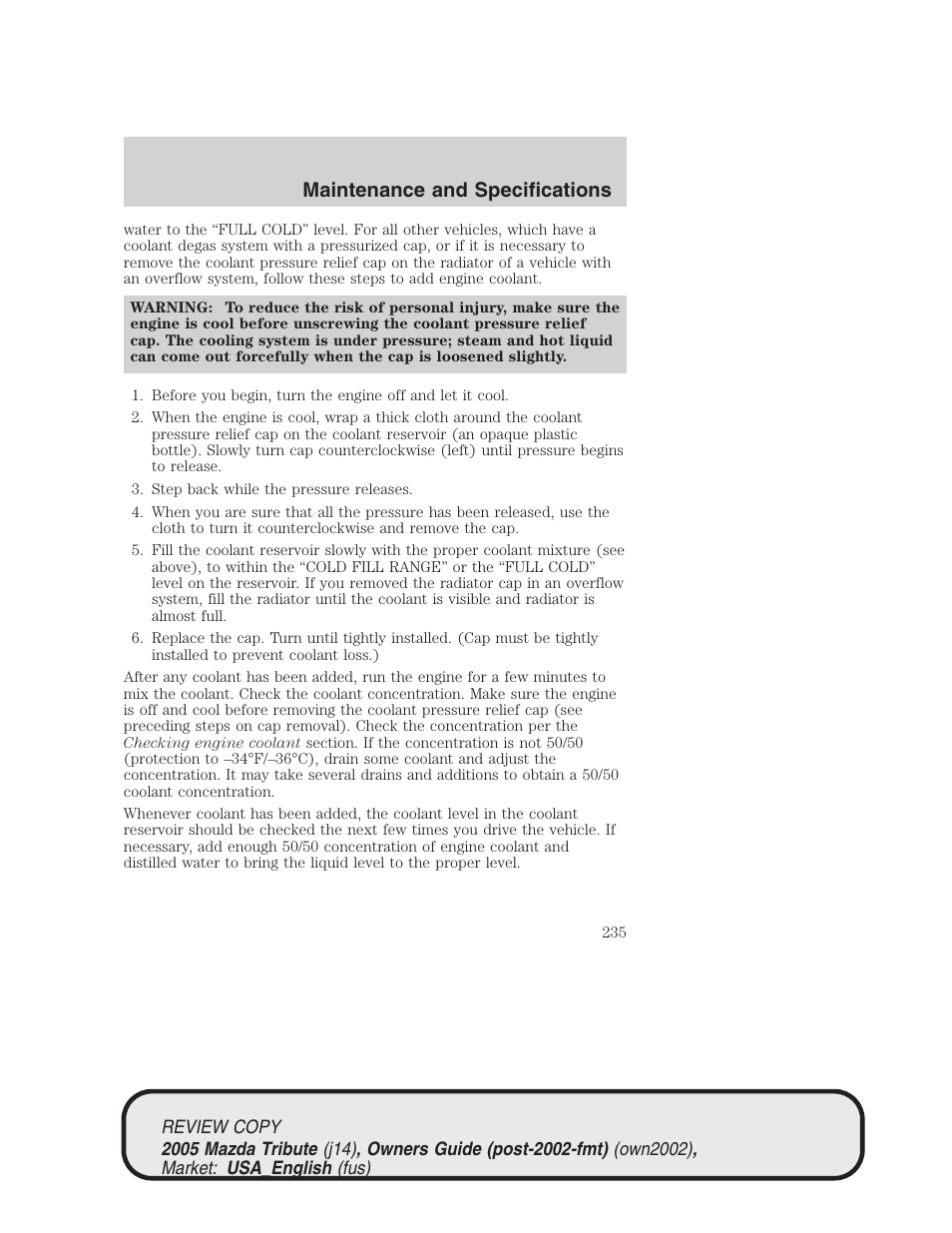 Maintenance and specifications | Mazda 2005 Tribute User Manual | Page 235 / 272