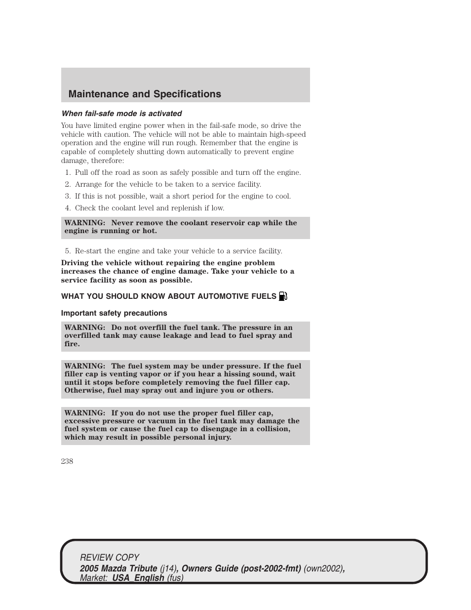 Maintenance and specifications | Mazda 2005 Tribute User Manual | Page 238 / 272