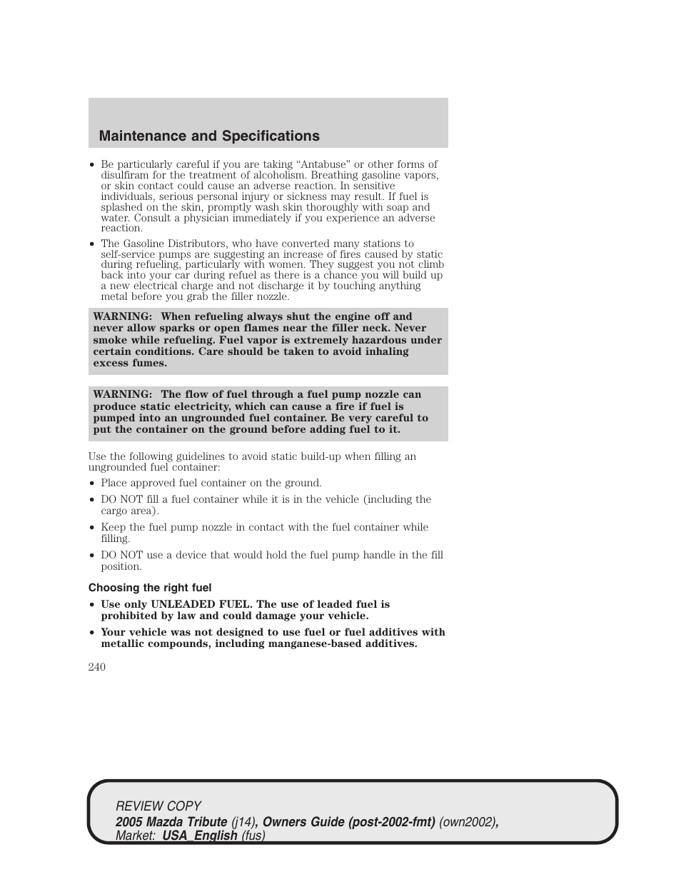 Maintenance and specifications | Mazda 2005 Tribute User Manual | Page 240 / 272