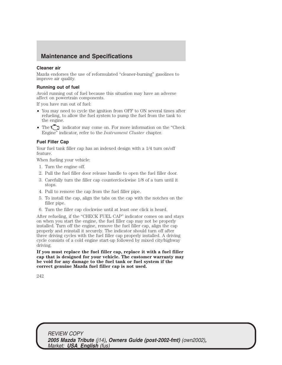 Maintenance and specifications | Mazda 2005 Tribute User Manual | Page 242 / 272