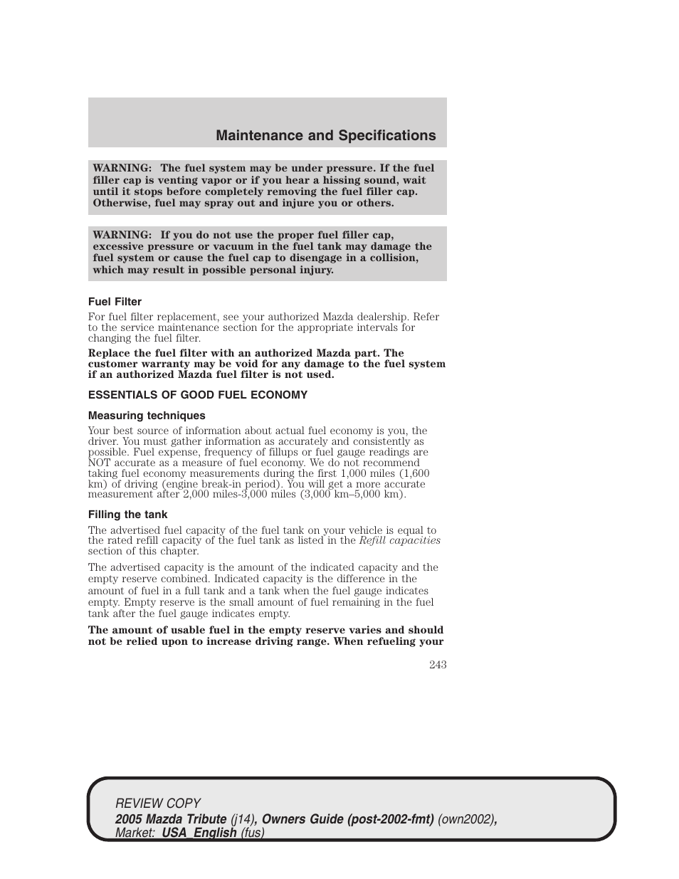 Maintenance and specifications | Mazda 2005 Tribute User Manual | Page 243 / 272