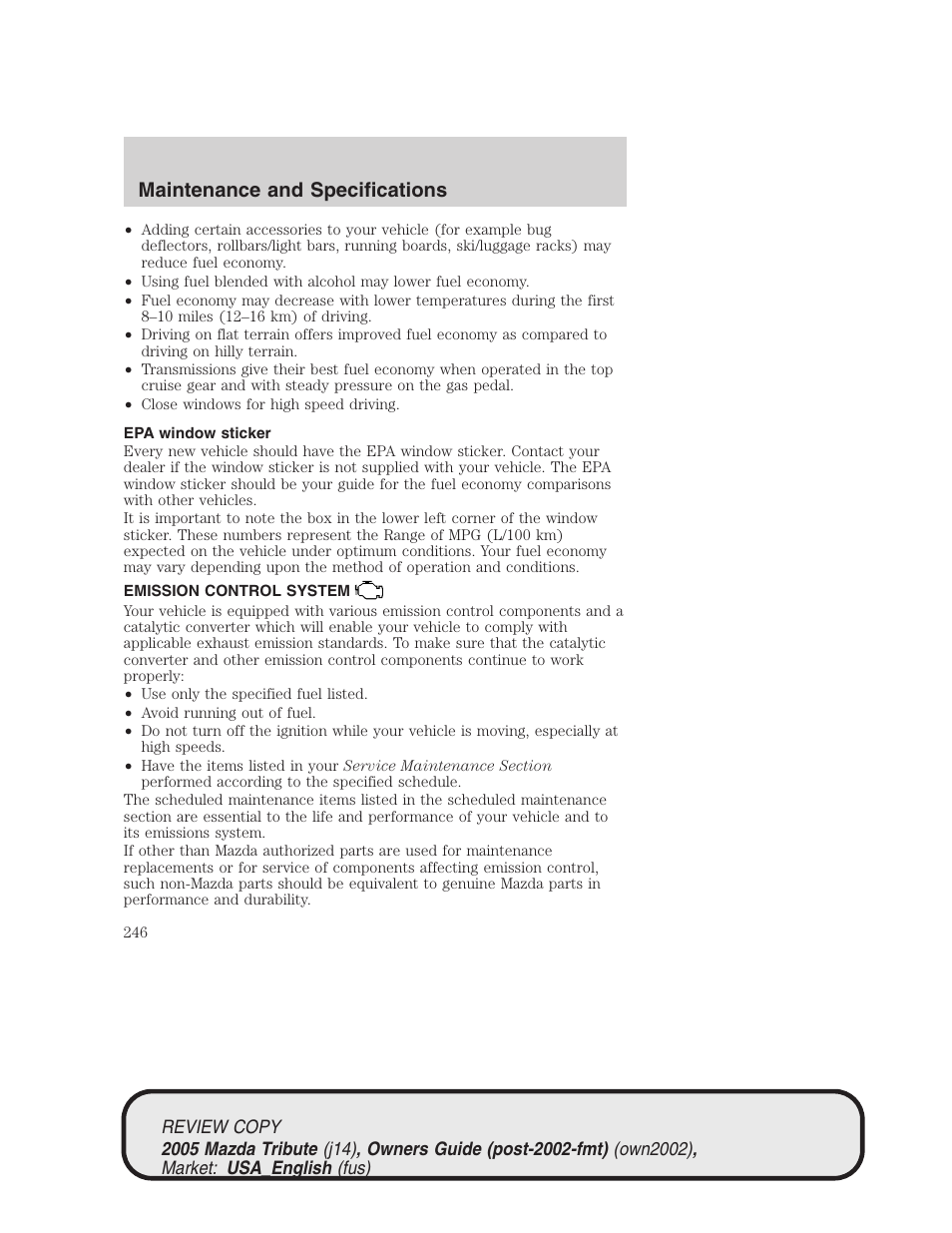 Maintenance and specifications | Mazda 2005 Tribute User Manual | Page 246 / 272