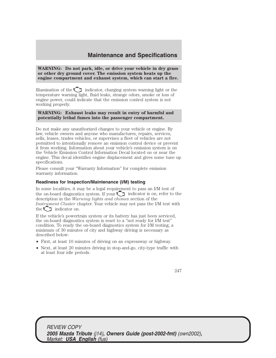 Maintenance and specifications | Mazda 2005 Tribute User Manual | Page 247 / 272