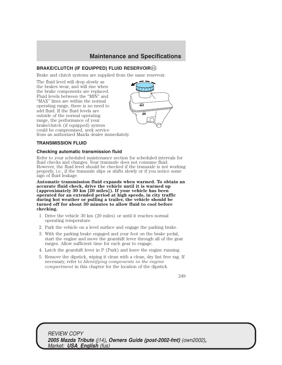 Maintenance and specifications | Mazda 2005 Tribute User Manual | Page 249 / 272