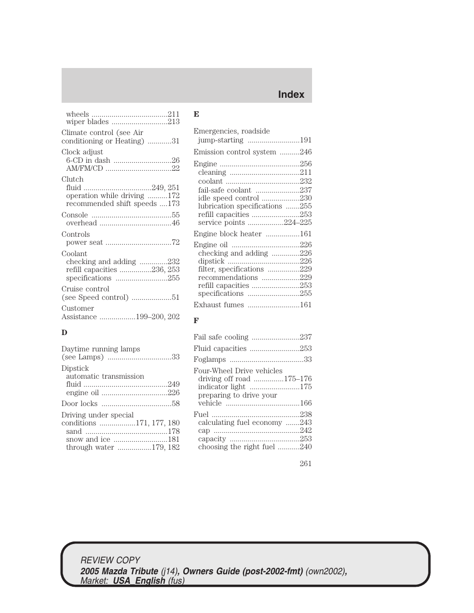 Index | Mazda 2005 Tribute User Manual | Page 261 / 272