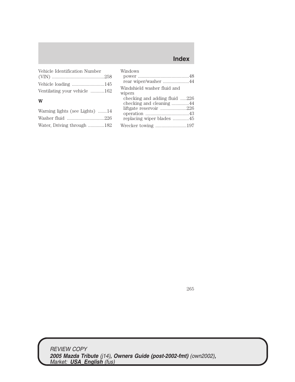 Index | Mazda 2005 Tribute User Manual | Page 265 / 272