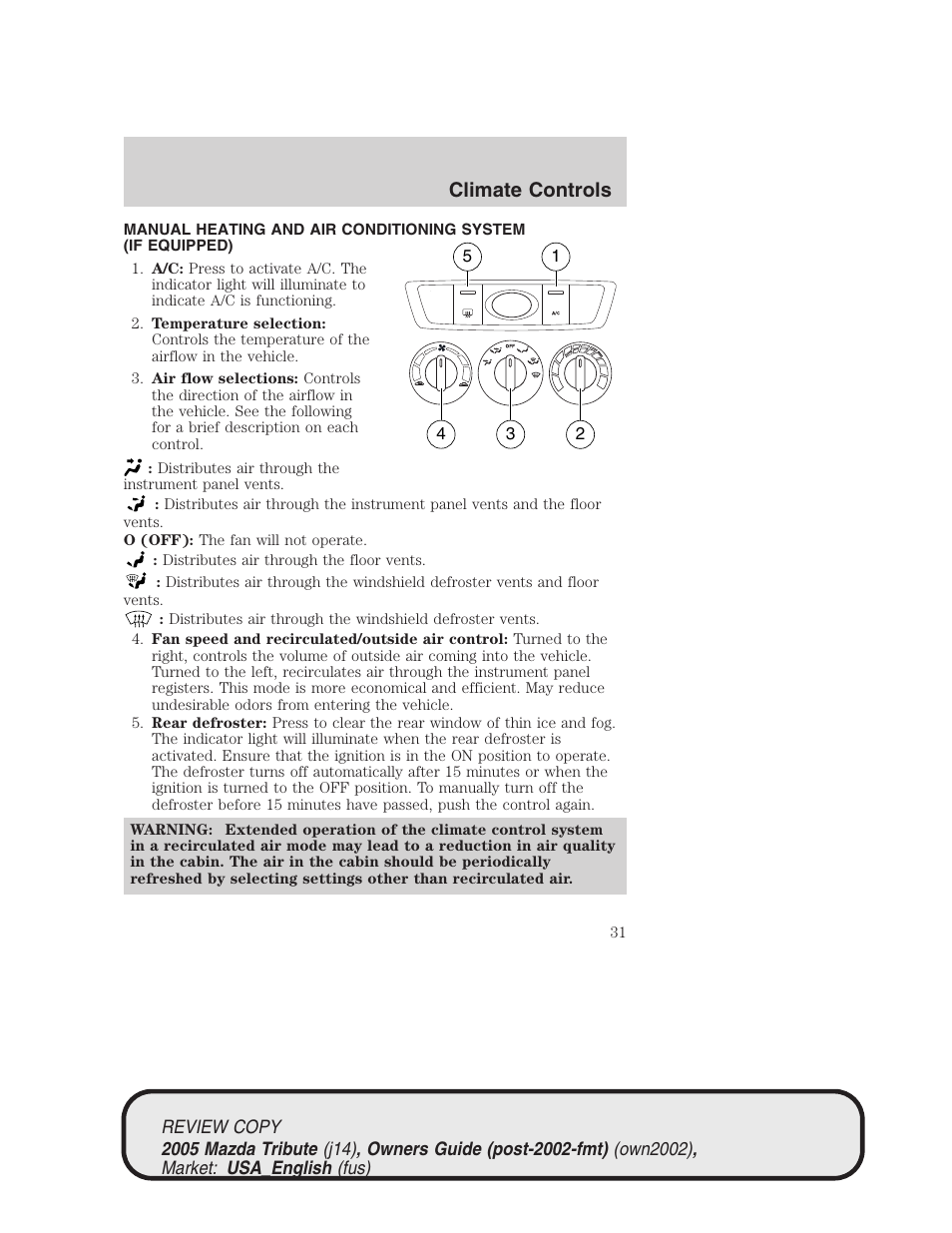 Climate controls | Mazda 2005 Tribute User Manual | Page 31 / 272