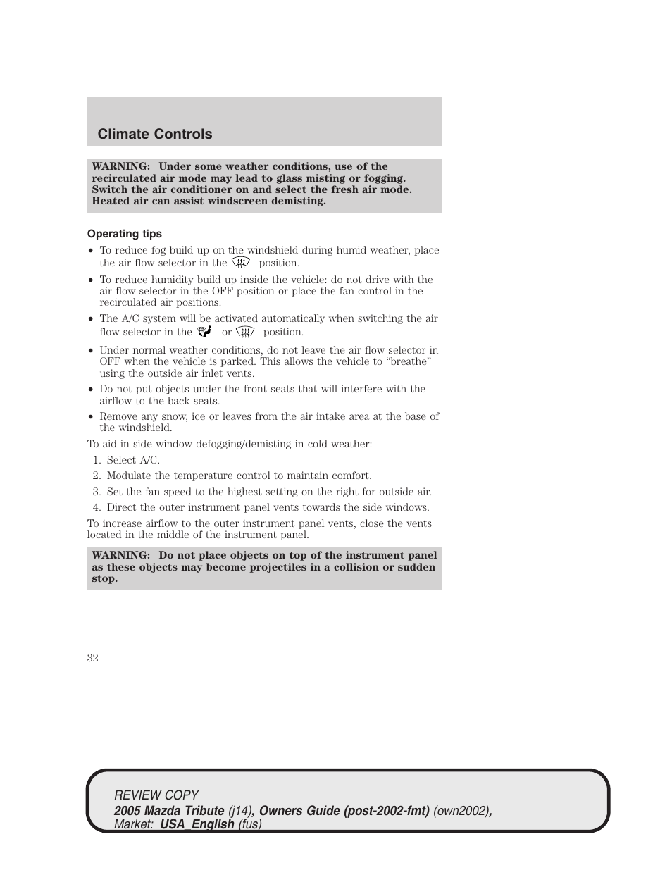 Climate controls | Mazda 2005 Tribute User Manual | Page 32 / 272