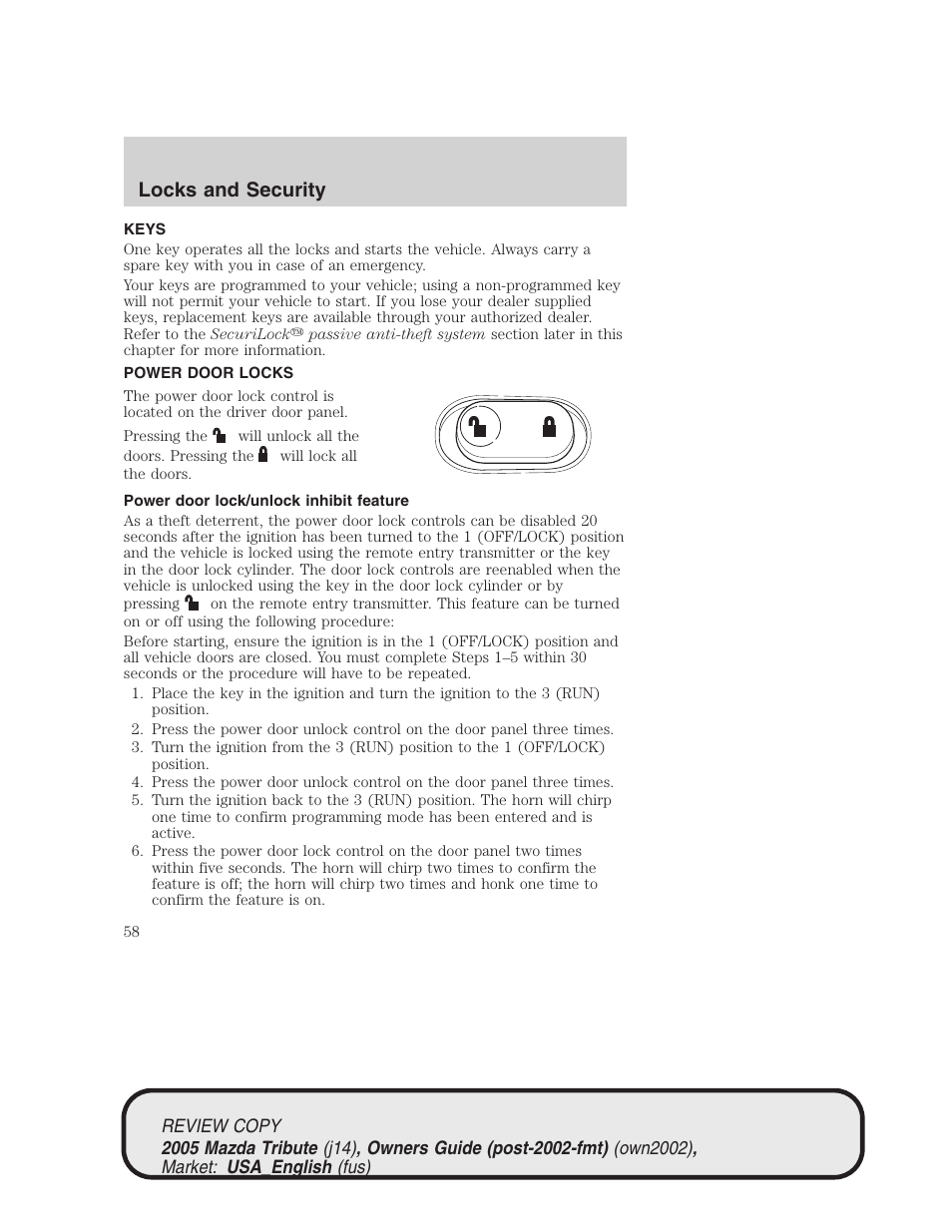 Locks and security | Mazda 2005 Tribute User Manual | Page 58 / 272