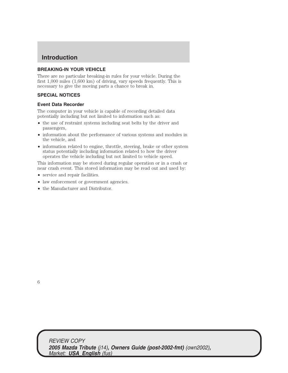 Introduction | Mazda 2005 Tribute User Manual | Page 6 / 272