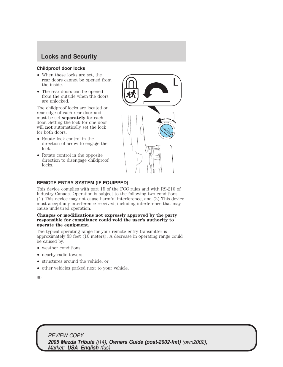 Locks and security | Mazda 2005 Tribute User Manual | Page 60 / 272