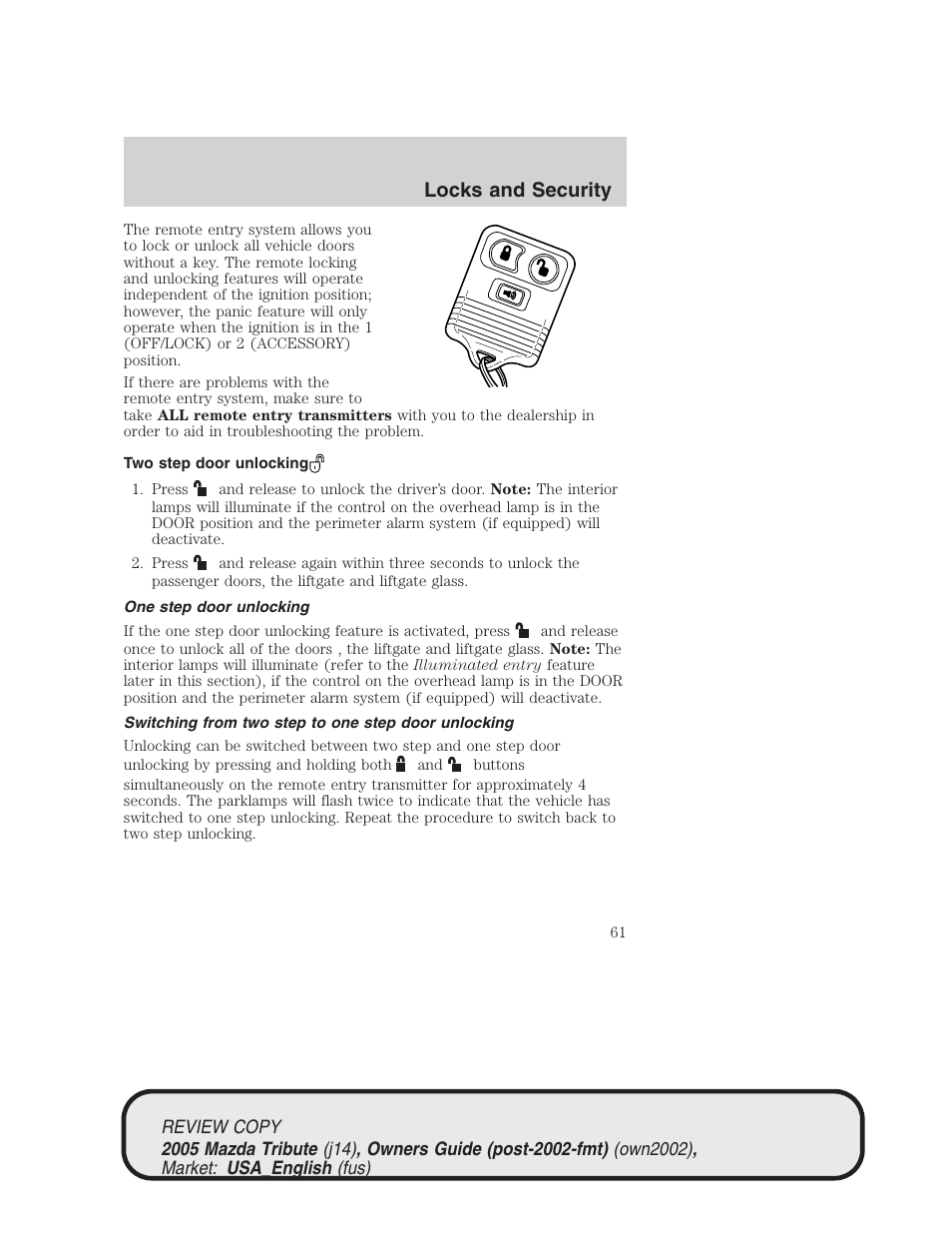 Locks and security | Mazda 2005 Tribute User Manual | Page 61 / 272