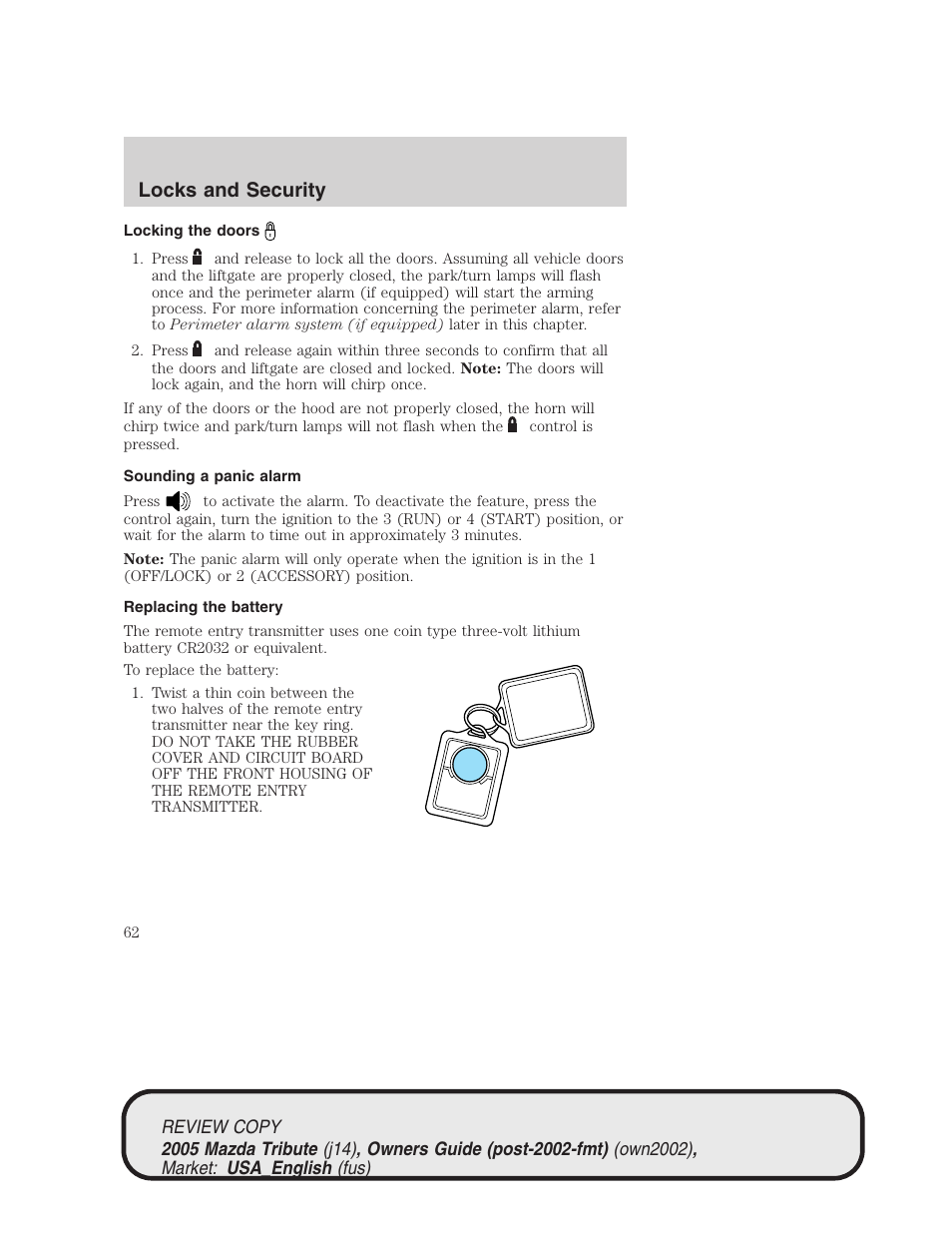 Locks and security | Mazda 2005 Tribute User Manual | Page 62 / 272