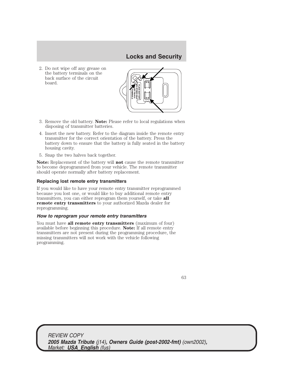 Locks and security | Mazda 2005 Tribute User Manual | Page 63 / 272