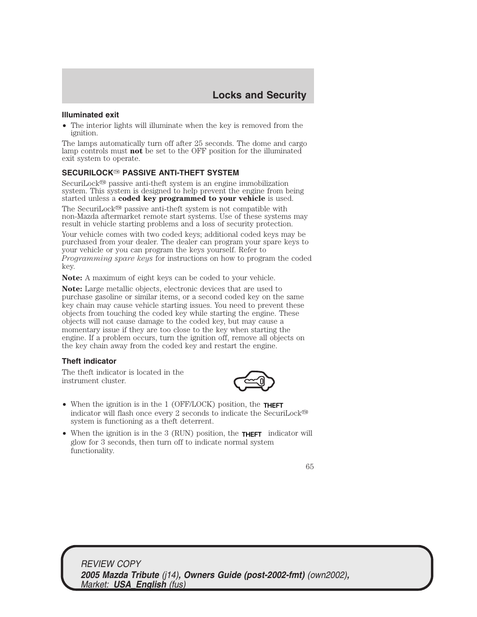 Locks and security | Mazda 2005 Tribute User Manual | Page 65 / 272