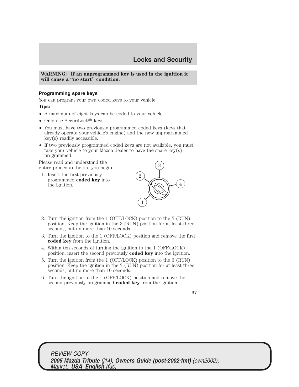 Locks and security | Mazda 2005 Tribute User Manual | Page 67 / 272