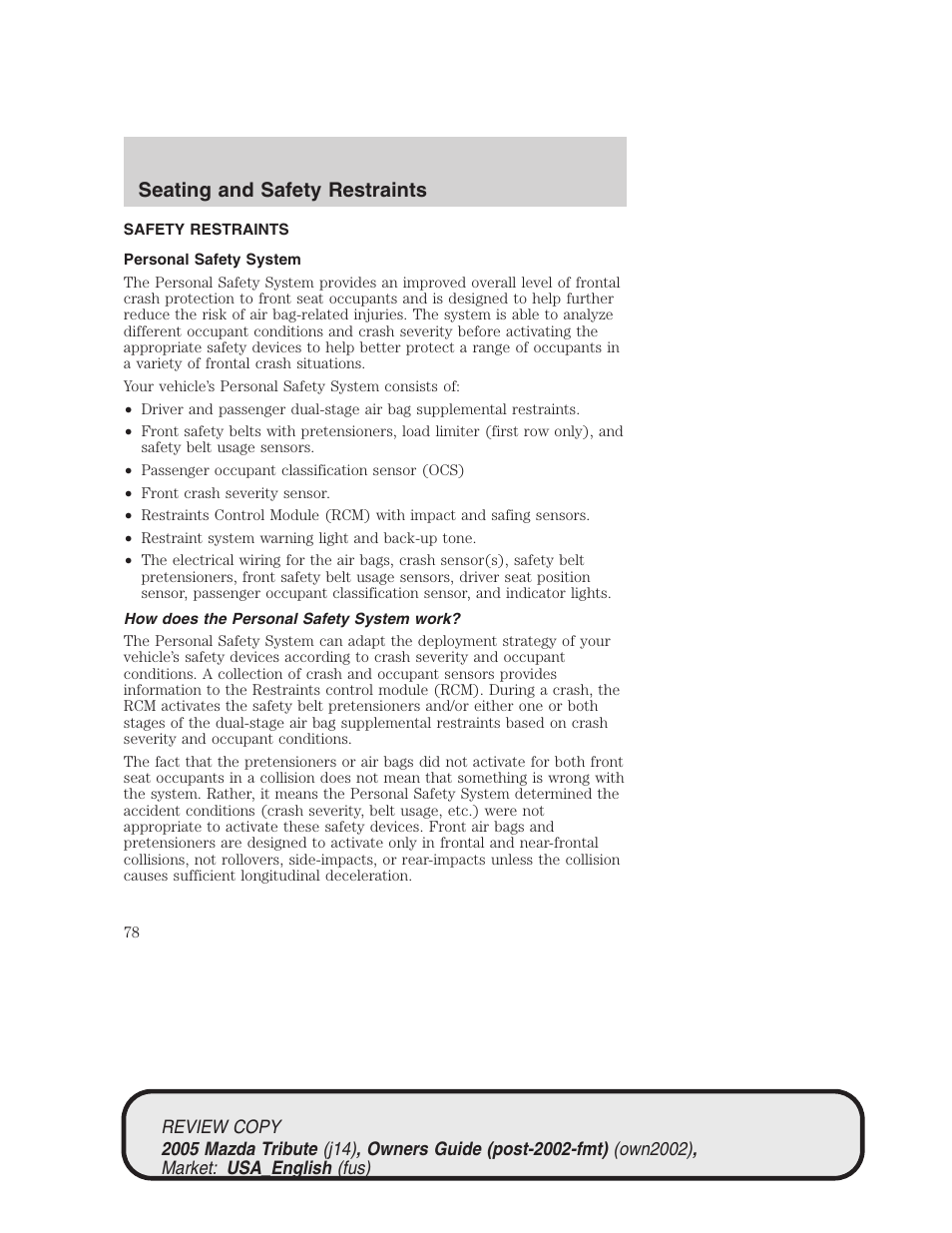 Seating and safety restraints | Mazda 2005 Tribute User Manual | Page 78 / 272