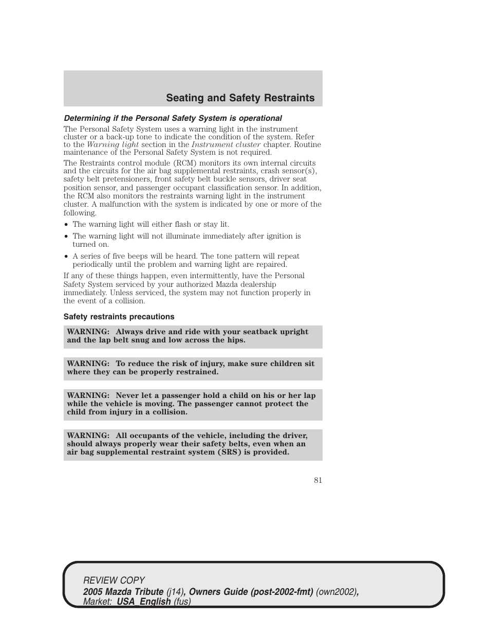 Seating and safety restraints | Mazda 2005 Tribute User Manual | Page 81 / 272