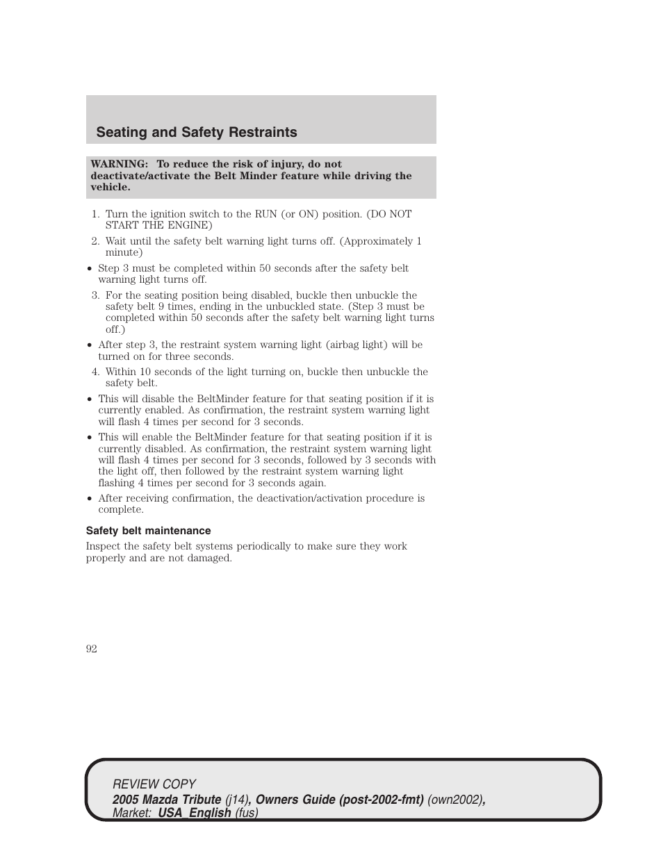 Seating and safety restraints | Mazda 2005 Tribute User Manual | Page 92 / 272