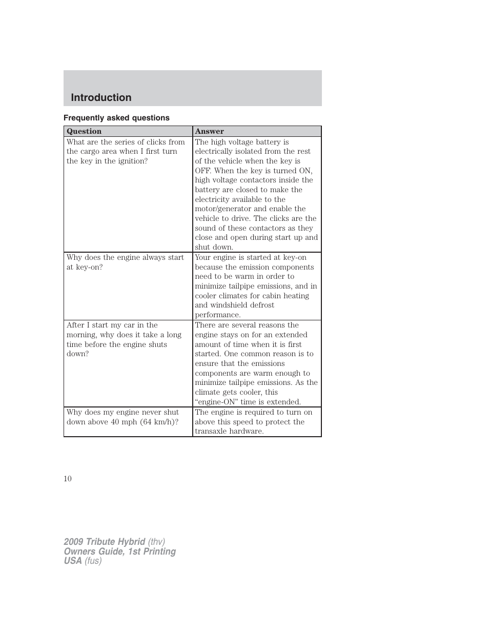 Frequently asked questions, Introduction | Mazda 2009 Tribute HEV User Manual | Page 10 / 325