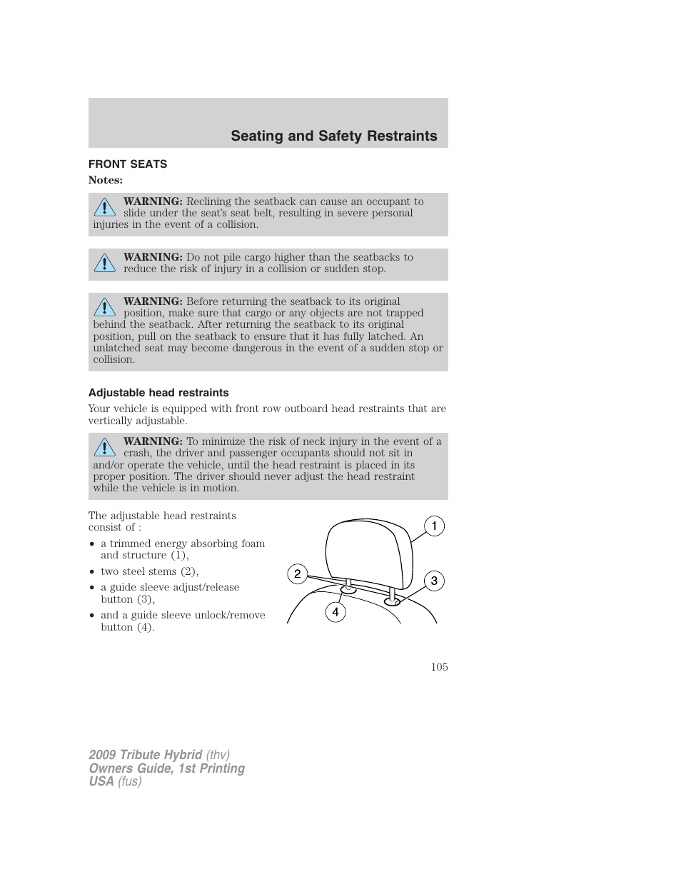 Seating and safety restraints, Front seats, Adjustable head restraints | Seating | Mazda 2009 Tribute HEV User Manual | Page 105 / 325