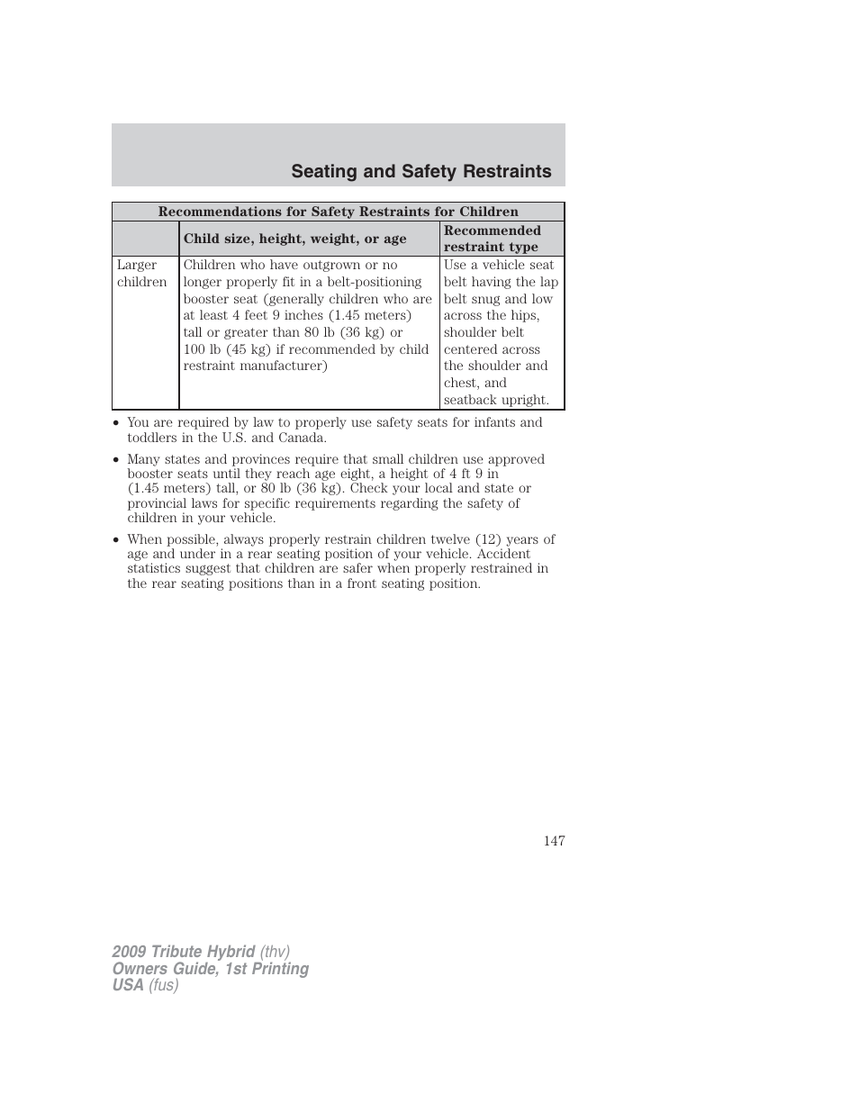 Seating and safety restraints | Mazda 2009 Tribute HEV User Manual | Page 147 / 325