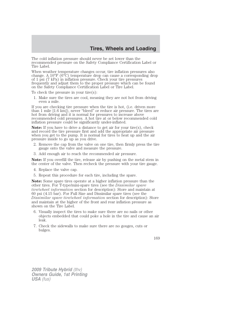 Tires, wheels and loading | Mazda 2009 Tribute HEV User Manual | Page 169 / 325