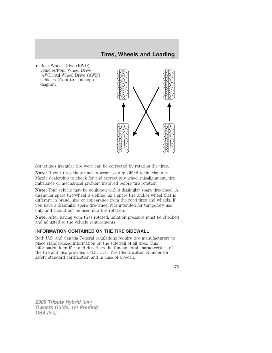Information contained on the tire sidewall, Tires, wheels and loading | Mazda 2009 Tribute HEV User Manual | Page 175 / 325