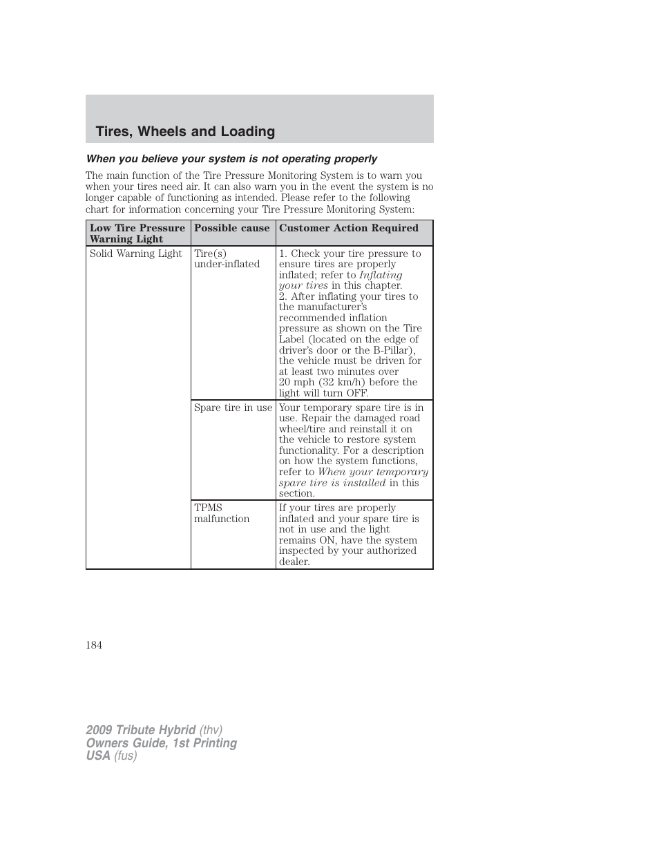 Tires, wheels and loading | Mazda 2009 Tribute HEV User Manual | Page 184 / 325