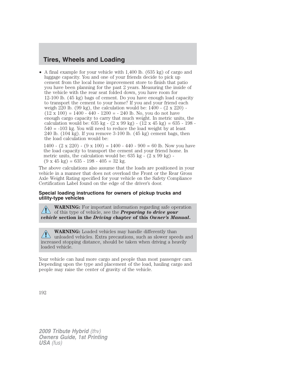 Tires, wheels and loading | Mazda 2009 Tribute HEV User Manual | Page 192 / 325